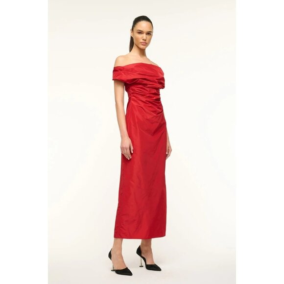 STAUD Andrea Dress Rouge Red Size 2 Off‑Shoulder Taffeta Midi - NWT - Picture 2 of 7